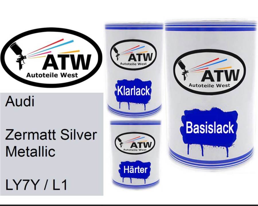 Audi, Zermatt Silver Metallic, LY7Y / L1: 500ml Lackdose + 500ml Klarlack + 250ml Härter - Set, von ATW Autoteile West.